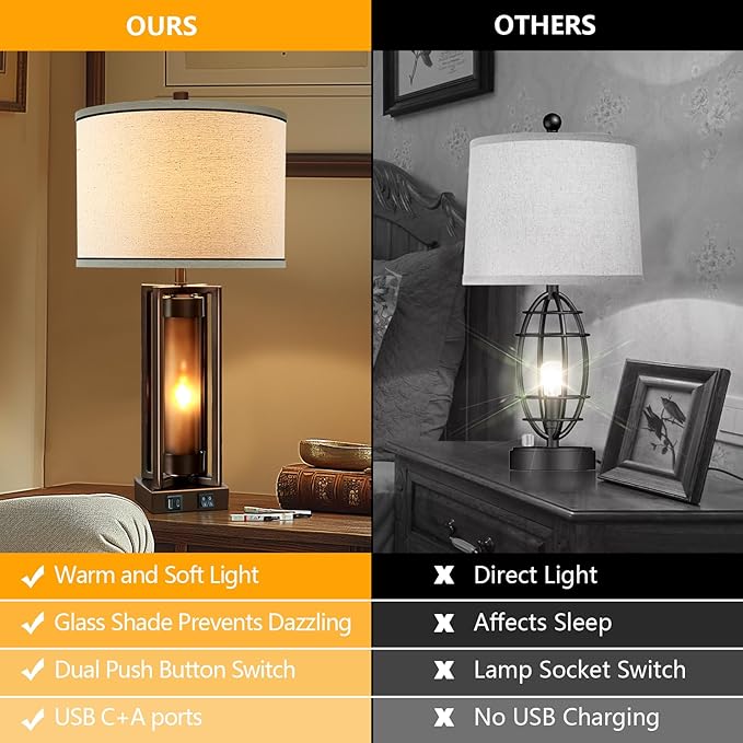 Rustic Table Lamps for Living Room with USB C+A Ports, Farmhouse Vintage Nightstand Lamp with Amber Acrylic Night Light, Retro Desk Lamp for Bedroom Entryway Dorm, 2 Bulbs Included (Brown)