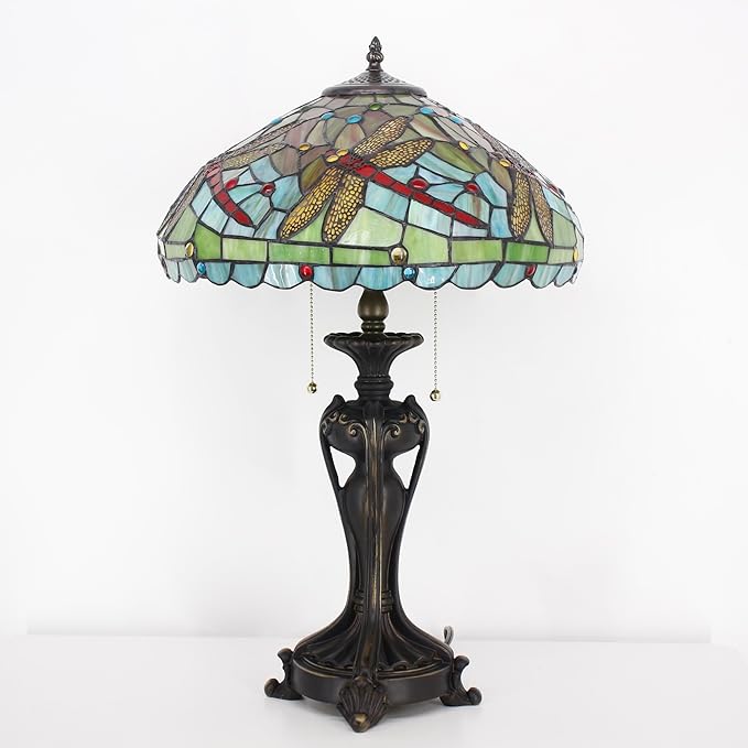 Tiffany Stained Glass Table Lamp 16X16X24 Inch Green Red Dragonfly Style Desk Bedroom Living Room Antique Reading Light (Green Red Dragonfly)