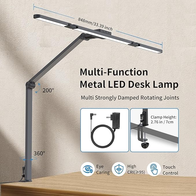 YS-TL23070 Full Spectrum Desk Lamp – Sun Lamp 24W Eye-Care Desk lamp, CRI≥95, 2700K to 6500K Color Temp, Stepless Dimming, Flicker-Free, Low Blue Light, Touch & Remote Control, for Study & Office