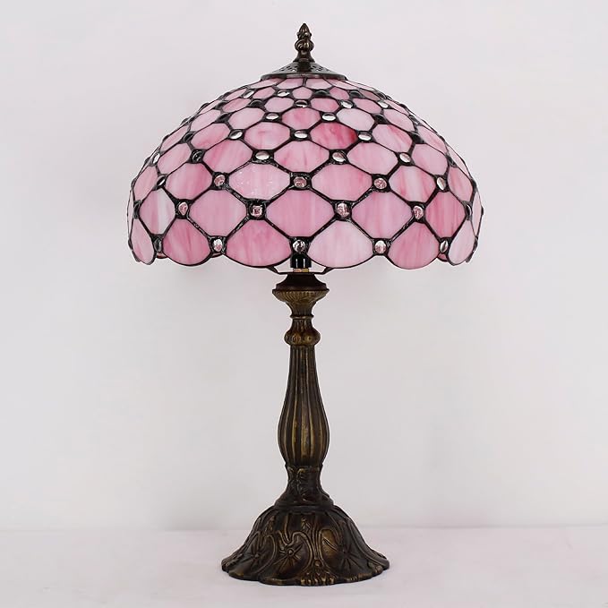 Tiffany Lamp Touch Control Table Lamp Pink Bead Style Stained Glass Desk Lamp 12X12X19 Inches Reading Light