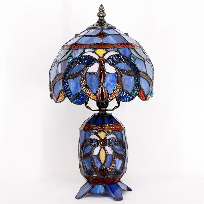 Small Tiffany Lamp Stained Glass Table Lamp Mini Mother Daughter Vase Desk Accent Night Light for Bedroom Bedside Reading Home Antique Style 8X14 Inches (Blue Purple)