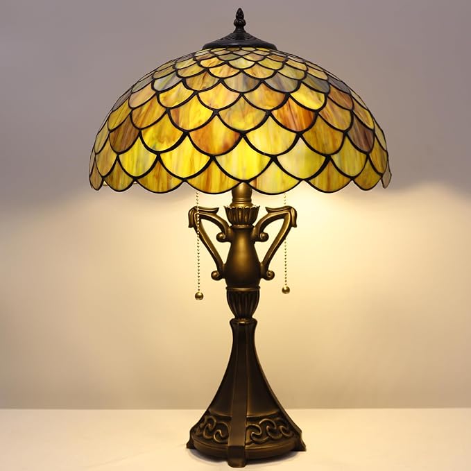 Tiffany Table Lamp 24 Inch High Antique Stained Glass Brown Fish Scales Desk Reading Light Wide 16 Inch for Bedroom Living Room Home Office