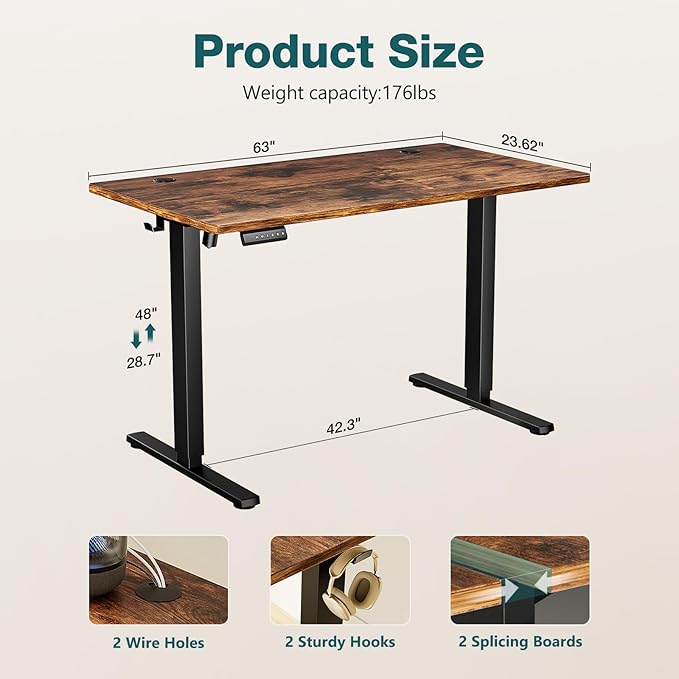 Electric Standing Desk, Adjustable Height Stand up Desk, 63x24 Inches Sit Stand Home Office Desk with Splice Board,Rustic Brown