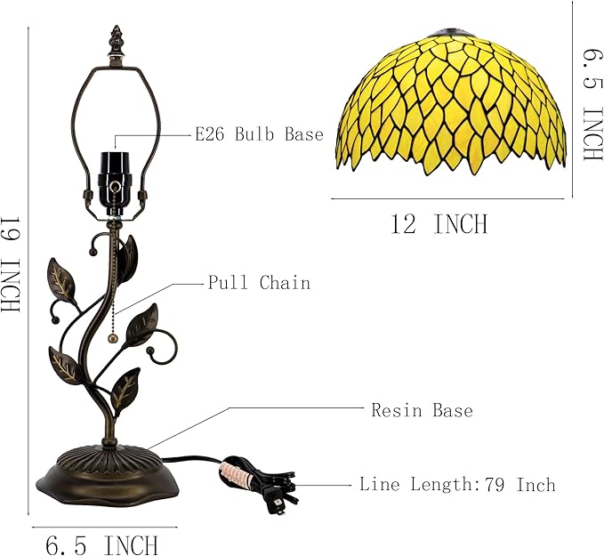 Tiffany Lamp Stained Glass Table Lamp Desk Bedside Reading Light 12X12X19 Inches with Metal Leaf Base(Yellow Wisteria)