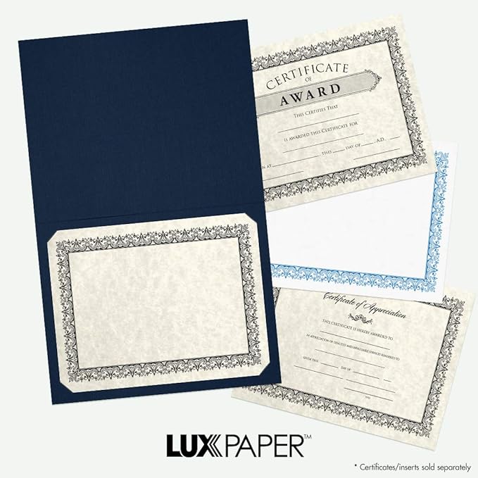 LUXPaper 9.5" x 12" Certificate Holders | Nautical Blue Linen | Embossed Silver Foil Floral Border | 100lb. Cover | 250 Qty