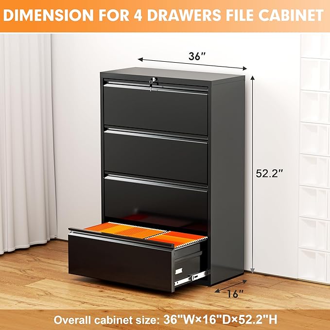INTERGREAT 4 Drawer File Cabinet, Black Lateral File Cabinets with Lock, Metal Steel Wide Filing Cabinets for Home Office, Fast Assembly