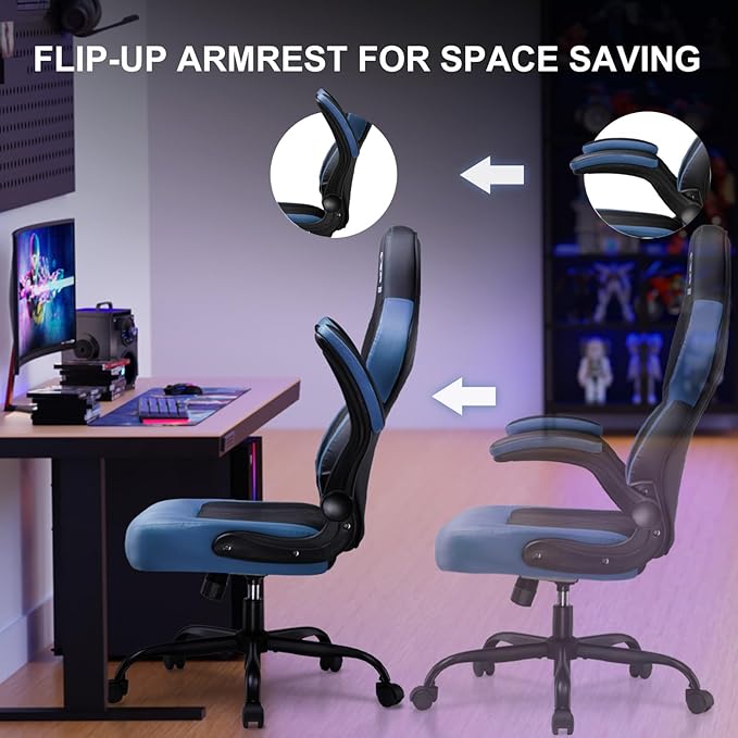 GTPLAYER Video Gaming Chair, Ergonomic Computer Gaming Chair with Flip-Up Armrests and Adjustable Height, Comfortable Desk Chairs with Built-in Lumbar Support, Recliner with 360°Swivel (Blue)
