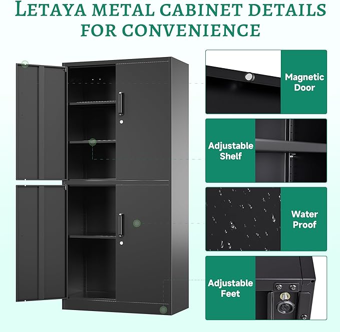 Letaya Metal Storage Cabinet with Lock Door, Adjustable Shelf Steel Cabinets for Office, Home,Pantry,Kitchen,Garage Utility Cabinet (4 Door-Black)