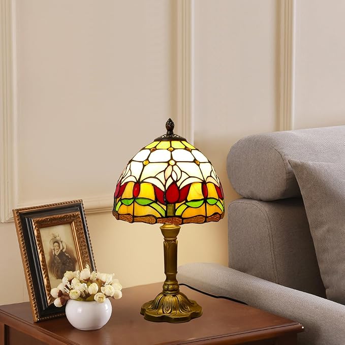 Tiffany Lamp Tulips Flower Stained Glass Table Lamp 8x8x14 Inches Flower Style Desk Reading Light Decor for Beside Bedroom Living Room Home Office with LED Bulb