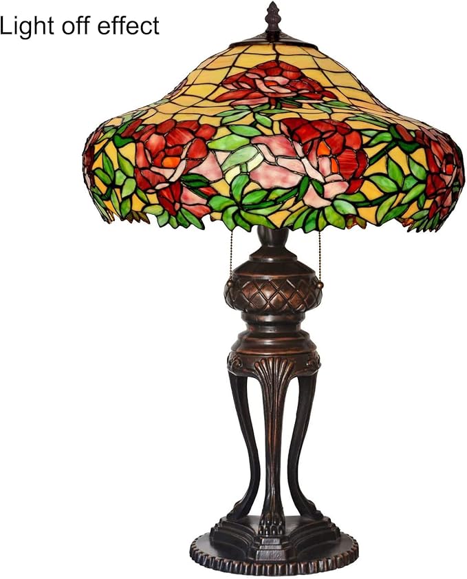 Tiffany Lamp Table Lamp Rose Dragonfly Tulip Wisteria Grape Peach Kapok Peony Apple Flower Design Stained Glass Lampshade Desk Lamp for Girl Living Room Iron Base W20 XH32,Peony