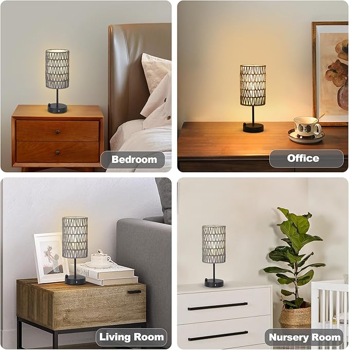 Touch Bedside Lamp For Bedroom with Bulb, Grey Boho Small Table Lamp For Living Room With Rattan & Linen Shade, 3 Way Dimmable Table Lamp For Nightstand With USB Charging Port & Phone Stand For Office
