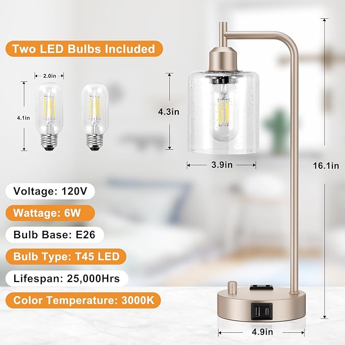 Industrial Table Lamps for Bedrooms Set of 2 - Fully Dimmable Bedside Lamps with USB Ports and Outlet, Champagne Gold Nightstand Lamps with Glass Shade for Living Room, Desk Lamps for Office Reading