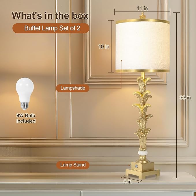 Touch Control Table Lamps Set of 2, 3-Way Dimmable Nightstand Lamps with USB A+C Ports, 33'' Tall Buffet Lamps with White Shade, Gold Leaf Finish Lamp for Bedroom Living Room Dinning House Office