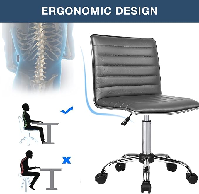 BOSSIN Adjustable Home Office Chair, Mid-Back Armless Ribbed Swivel Task Chair,Vanity Chair for Small Space, Living Room, Make-up, Studying (Gray)