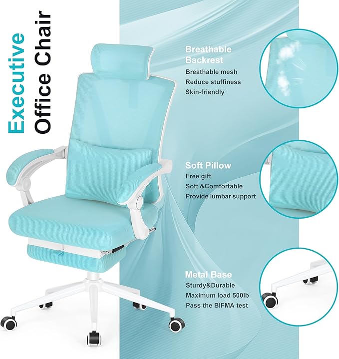 Misolant Ergonomic Office Chair with Footrest, Ergonomic Desk Chair with Adjustable 2D Lumbar Support, High Back Computer Chairs with Adjustable Headrest, Blue Comfortable Executive Office Chair