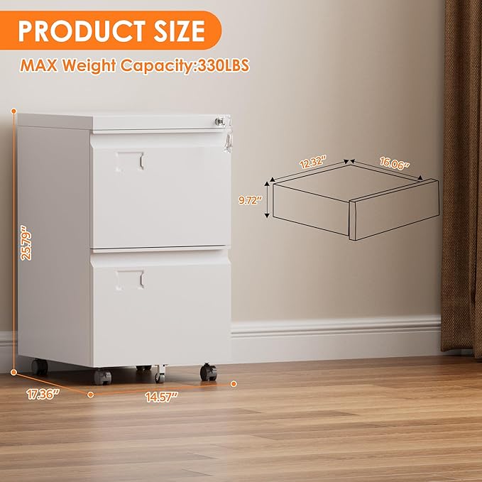 2 Drawers Metal File Cabinet with Lock, Under Desk Mobile Filing Storage Cabinet with Business Card Slot for Letter/Legal/F4/A4 Size Folders,Required Assembly,14.57"W x 17.36"D x 25.79"H,White