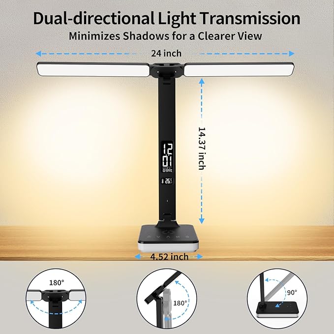LED Desk Lamp with Wireless Charger, USB Charging Port, Dual Swing Arm Desk Light with 5 Brightness, 3 Colors, Table Lamp with Clock, Alarm, Date, Temperature, Desk Lamp for Home Office Study (Black)