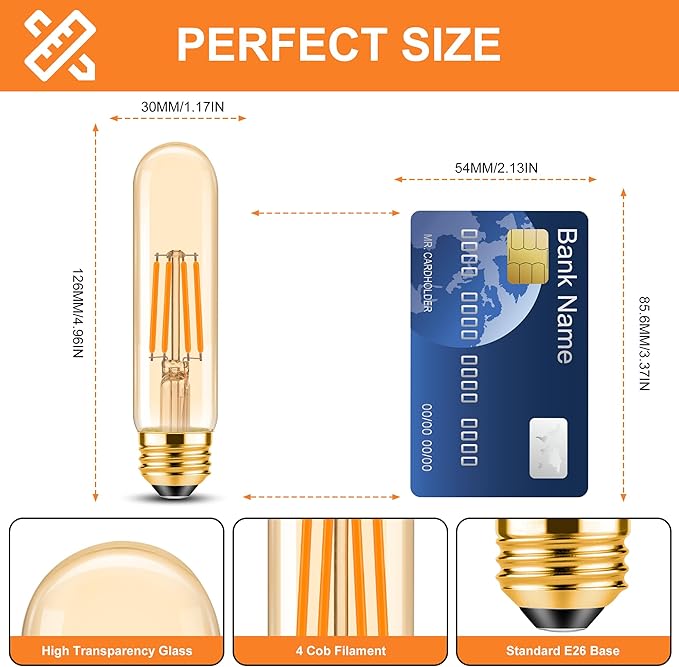 ToBeGreat T30 Light Bulbs 4 Watt Equivalent 40W Bulb E26 Tubular Bulbs T10 LED Bulb Warm White 2200K,Desk Lamp,Bedbroom Bathroom Dimmable,Chandelier (Amber, 5 in (6pack))