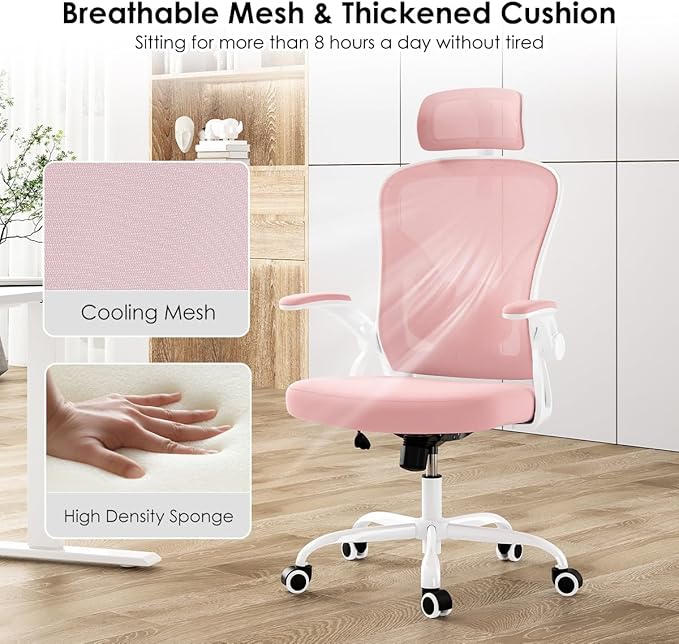 Farini Ergonomic Office Chair, Home Office Desk Chair with Headrest, High Back Computer Chair with Armrests and Adjustable Lumbar Support for Home Office Study Room, White & Pink