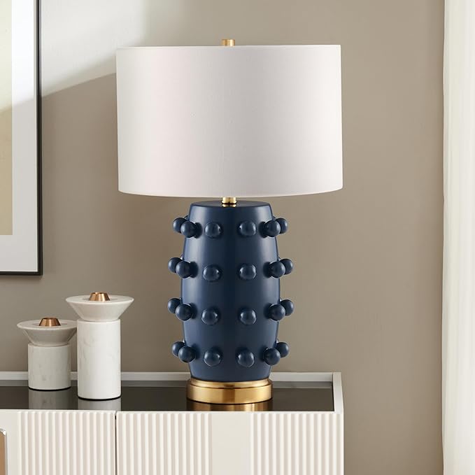 Henn&Hart 25.5'' Modern 1-Light Ceramic Table Lamp with Spherical Orbs on Lamp Body with White Fabric Drum Shade for Living Room, Bedroom, or Office, Matte Navy