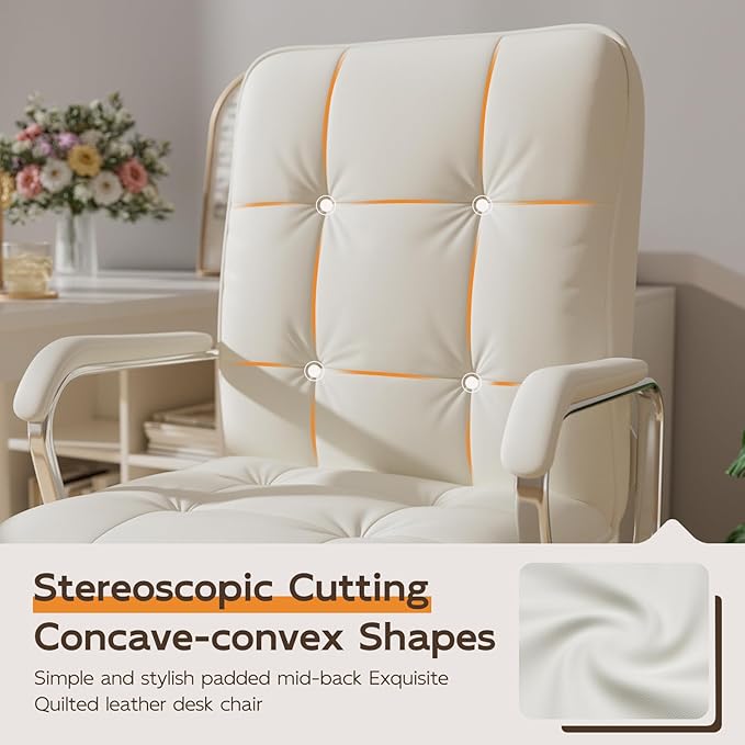 White Office Chair with Soft Leather, Swivel Computer Home Office Desk Chair with Wheels and Padded Arms, Adjustable Height and Tilt