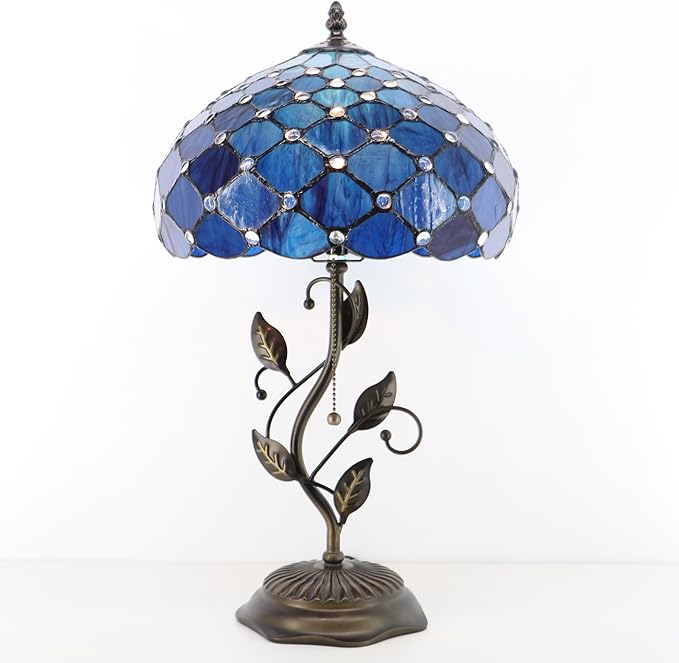 Tiffany Table Lamp, Stained Glass Style Desk Lamp, 12X12X19 Inch,Bedside Reading Light, Metal Leaf Base (Blue Beads)