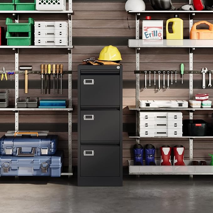 Metal Vertical File Storage Cabinet, 3 Drawer File Cabinet with Lock, 18" Deep Vertical Filing Cabinets for A4 Legal/Letter Size, Assembly Required (3 Drawer - Black)
