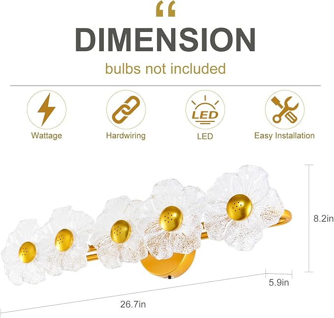Vintage Bathroom Light Fixtures 5 Light Modern Vanity Lights with Floral Clear Glass,3-Color Temperature Picture Light Led Wall Lights Wireless Wall Sconces for Decor,Bathroom,Hallway (Gold)