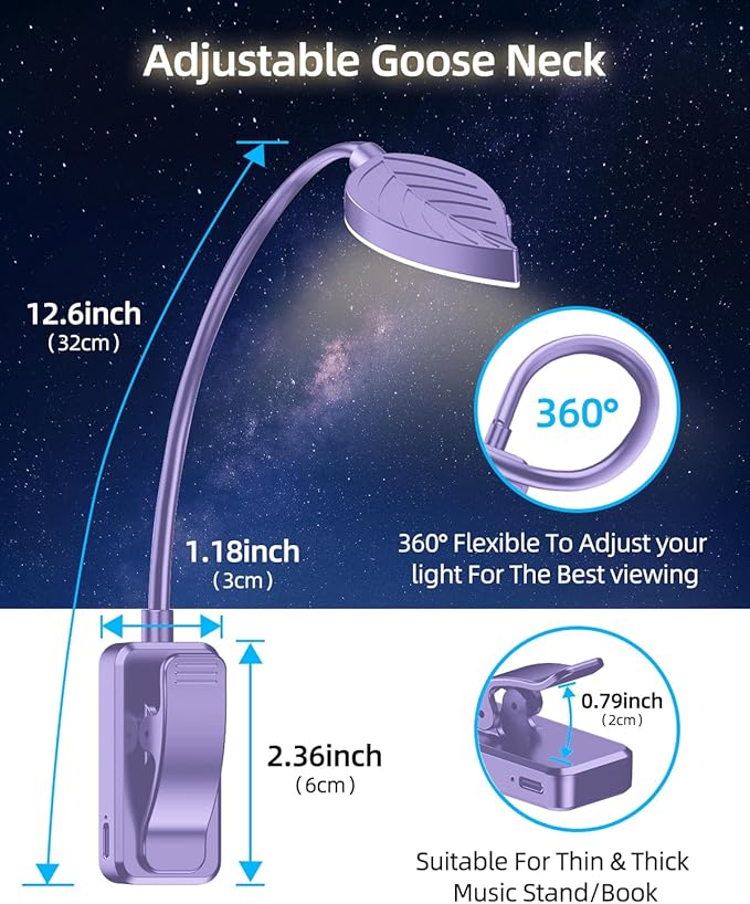 Rechargeable Book Lights for Reading at Night - Eye,3 Color Temperatures,3 Brightness Levels,Flexible Goose Neck Clip on Light,Reading Lights for Books in Bed with Power Indicator Bookworms (Purple)
