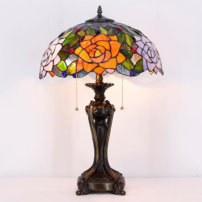 Tiffany Stained Glass Table Lamp 16X16X24 Inch Purple Orange Rose Flower Style Desk Bedroom Living Room Antique Reading Light (Purple Orange Rose)