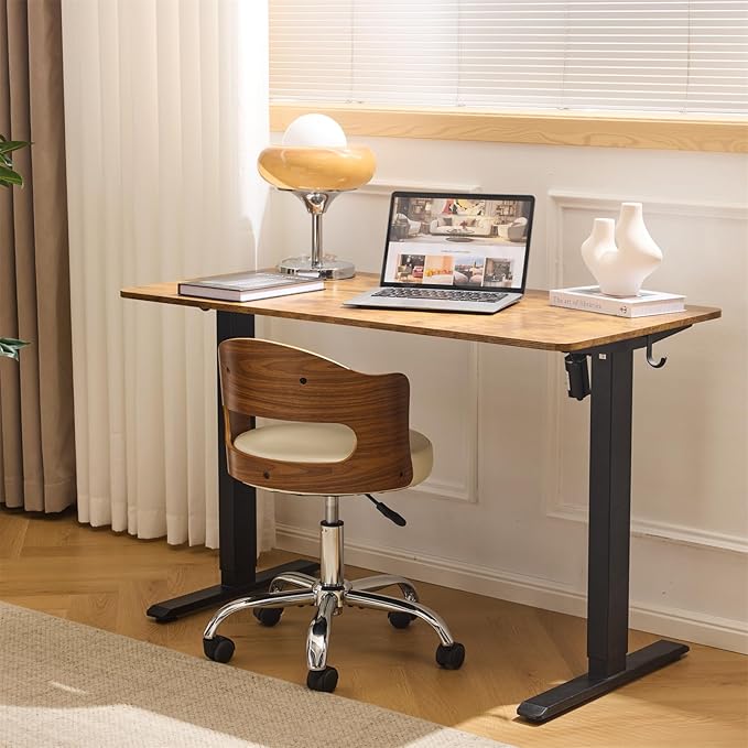 VINGLI Armless Home Office Desk Chair, Adjustable Swivel Chair,Dual-Use with/no Wheels,Small Retro Designed Walnut Curved Task Chair,Cushioned Nail Tech Chair for Study Area,Workspace,PU,Ivory White