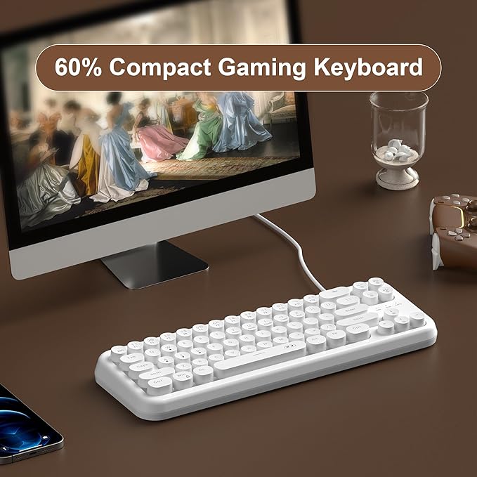MageGee Typewriter Style 60 Percent Keyboard, Life Waterproof Gaming Keyboard with RGB Backlit Small Compact Portable 60% Keyboards (Milky White)