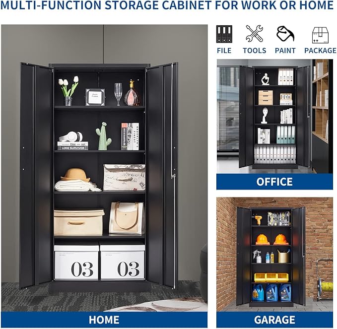 Metal Storage Cabinet-71” Tall Steel File Cabinets with Lockable Doors and Adjustable Shelves-Black Steel Storage Cabinet for Home, School, Office, Garage