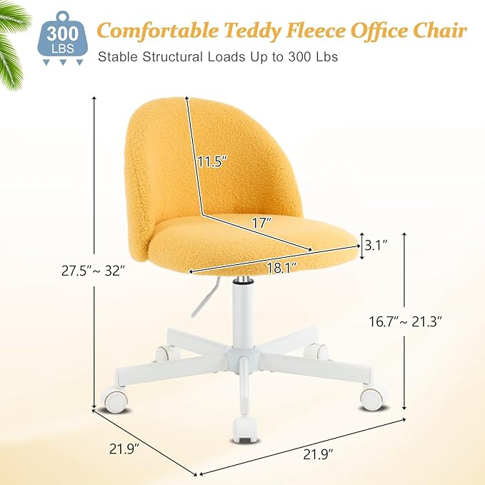 VINGLI Candy Chair Armless Cute Desk Chair,Comfy Small Office Chair with Wheels,Vanity Chair Lumbar Support,Teddy Adjustable Rolling Swivel Computer Task Chair for Home Office,Bedroom,Sunny Egg Yellow