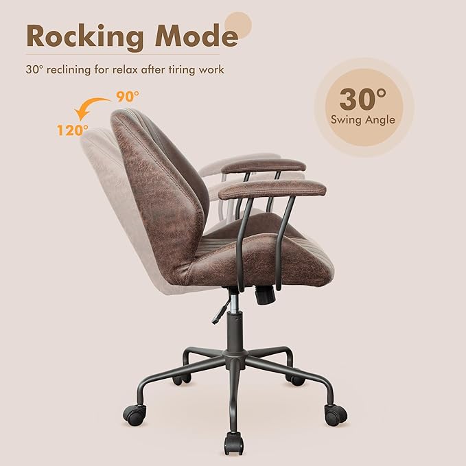 Mid Back Office Chair Mid Century Modern Executive Chair,Lumbar Support Ergonomic Home Office Desk Chair,Rolling Swivel Task Chair Task Chair Armrests Height Adjustable,350lbs (Dark Brown)