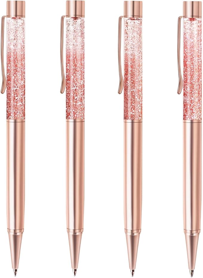 ZZTX 4 Pcs Rose Gold Ballpoint Pens Metal Pen Cute Bling Dynamic Liquid Sand Pen With Refills Black Ink Office Supplies Gift Pens For Christmas Wedding Birthday