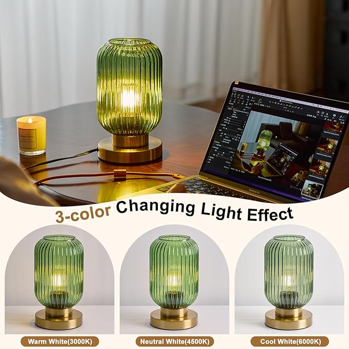 Modern Green Ribbed Glass Table Lamps Mid Century Bedside Light Small Nightstand Lamp with Plug-in Style, E26 Night Lighting for Bedroom Living Room Tabletop