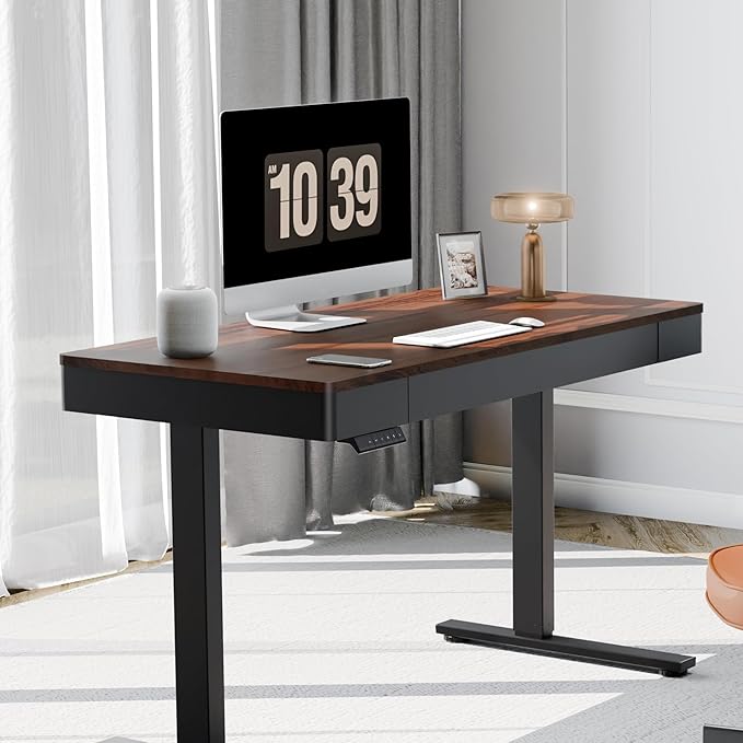 SANODESK Electric Standing Desk with Drawer, 48 x 24 inch Height Adjustable Computer Desk, Home Office Stand Up Desk with 4 Preset Heights, Dark Walnut