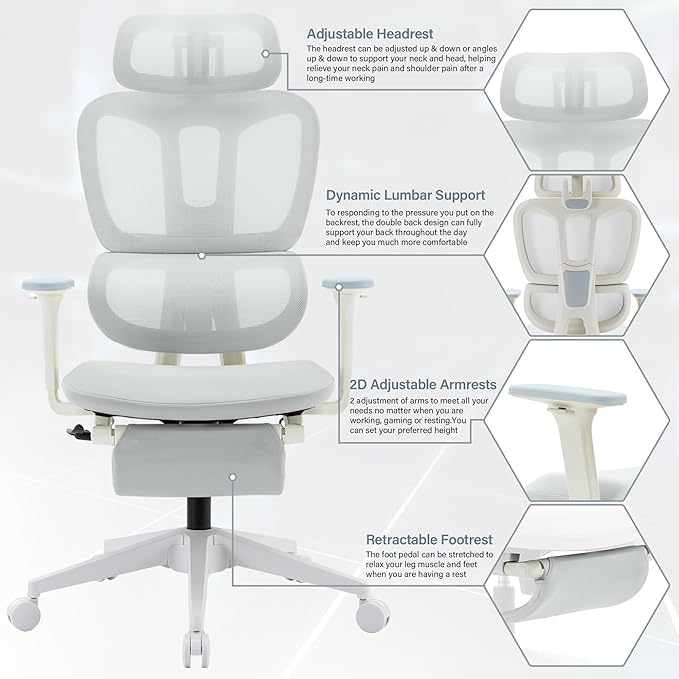 Ergonomic Office Chair with Footrest, High Back Computer Office Chair with Dynamic Lumbar Support, 2D Headrest, 2D Armrest, Sponge Seat, Mesh Home Office Desk Chair for Adults, Light Grey