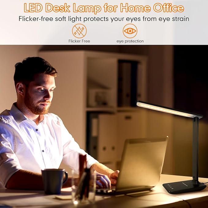 LED Desk Lamp Dimmable Table Lamp with USB Charging Port, 5 Lighting Modes, Sensitive Control, Foldable Portable Desk Light for Home Office Bedroom Reading (Black-Pro, Standard Size - 13.3 inch)