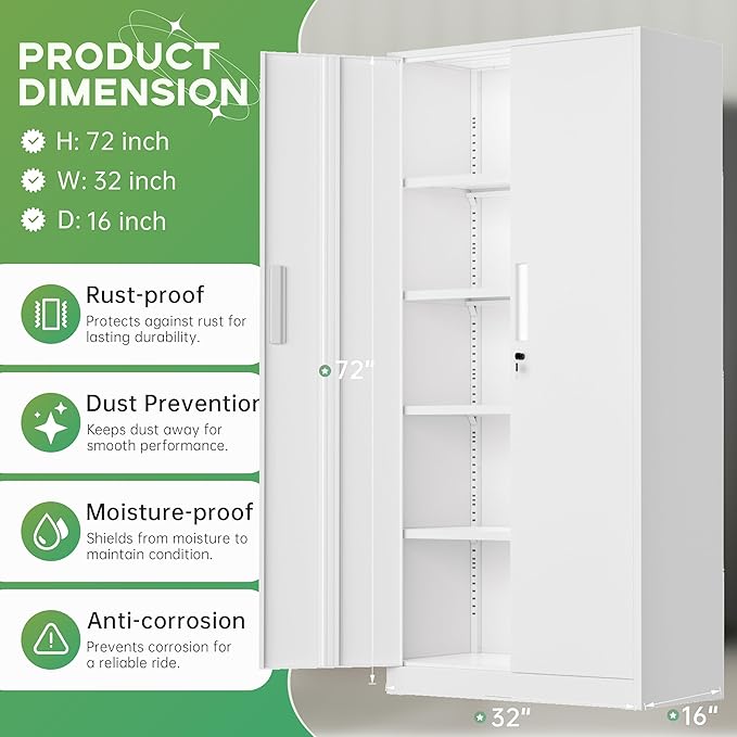 INTERGREAT Metal Storage Cabinet,71" Steel Lockable File Cabinet with Locking Doors and Adjustable Shelves,Locking Tool Cabinets for Office,Home,Garage,Gym,School (White)