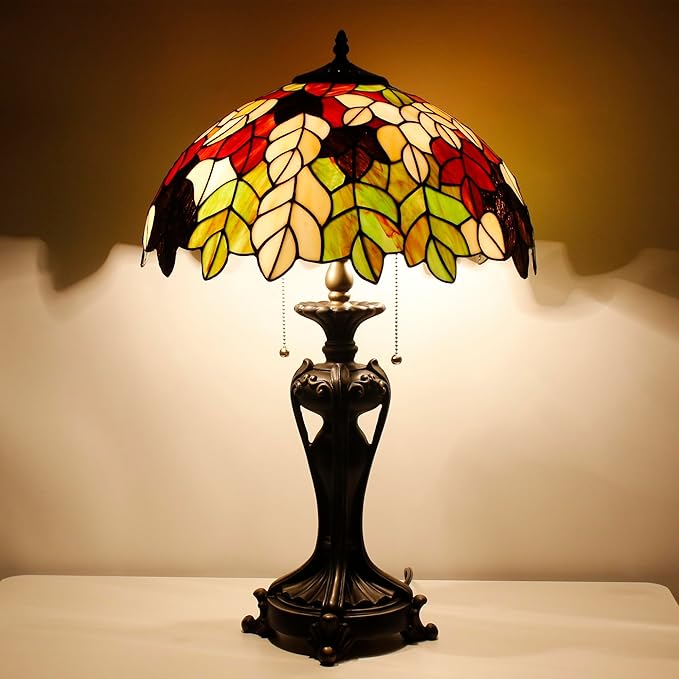 Tiffany Stained Glass Table Lamp 16X16X24 Inch Maple Leaf Style Desk Bedroom Living Room Antique Reading Light (Maple Leaf)