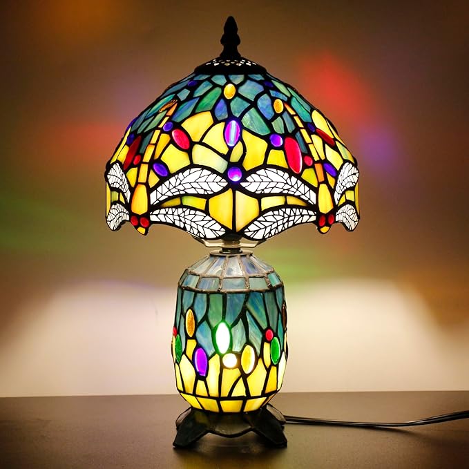 Small Tiffany Lamp Stained Glass Table Lamp Mini Mother Daughter Vase Desk Accent Night Light for Bedroom Bedside Reading Home Antique Style 8X14 Inches (Sea Blue Yellow)