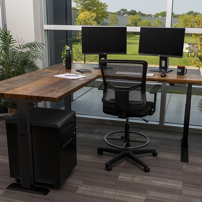 Stand Up Desk Store Reclaimed Wood Electric L-Shaped Corner Standing Desk with EZ Assemble Frame (Black Frame/Reclaimed Natural Fir Top, 71" W x 71" D)