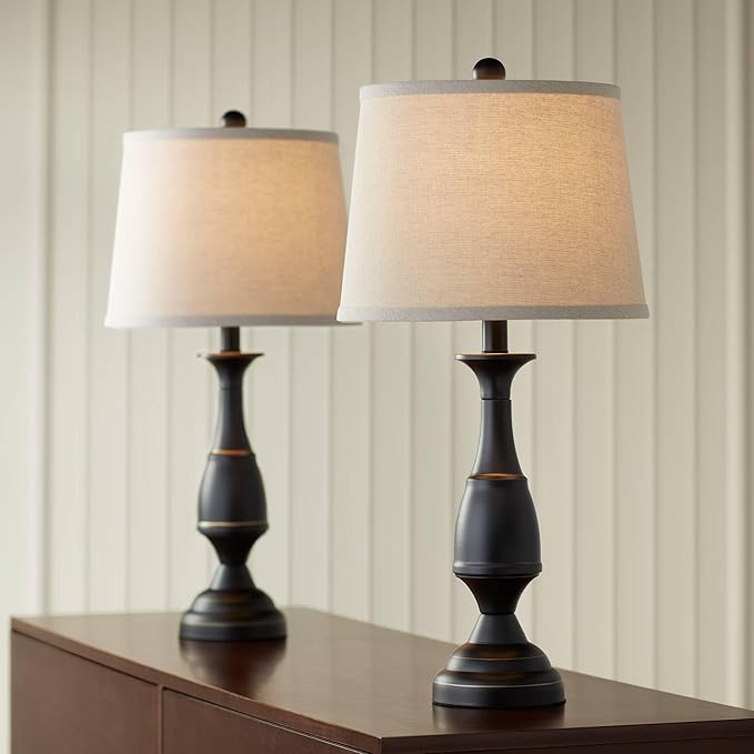 Regency Hill Ben Farmhouse Traditional Table Lamps 25" High Full Size Set of 2 Dark Bronze Brown Metal Beige Linen Drum Shade Decor for Living Room Bedroom House Bedside Nightstand Home Office