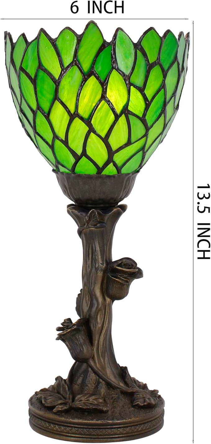 Small Tiffany Lamp Mini Stained Glass Table Lamp Green Wisteria Accent Desk Uplight W6 H13.5 Inch Bronze Resin Base
