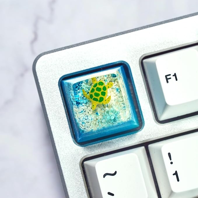 Sea Turtle Artisan Keycap Light Blue and White Coral R1 SA Profile Custom Sea Creatures Keycaps 1U ESC Handmade Gaming Resin Key Cap Cherry MX Switch Compatible Mechanical Keyboard Turtle Lover Gift