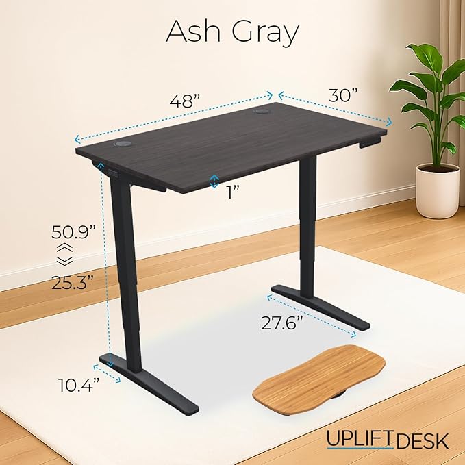 UPLIFTDESK V2 2-Leg Ash Gray Laminate Wood Standing Desk – Adjustable Height, Advanced 1-Touch Memory Keypad, Under Desk Cable Management, Wire Grommets & Rocker Board (Black C-Frame, 48 x 30 inch)