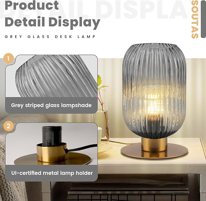 Small Lamp for Nightstand, Smoke Glass Table Lamp Grey Bedside Table Lamp with Gold Metal Base, Vintage Bedside Lamp Mid Century Modern Plug in Table Lamps for Bedroom Living Room Office Study