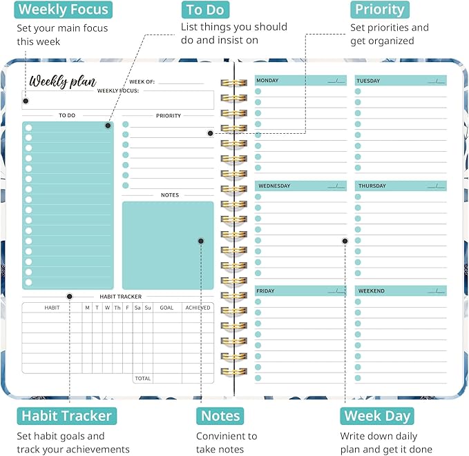 Undated Weekly Planner, Weekly To Do List Notebook with Goal & Habit Tracker Organizer, A5 Weekly Planner Notebook with Spiral Binding, 6.1" x 8.2" - Blue Blossom
